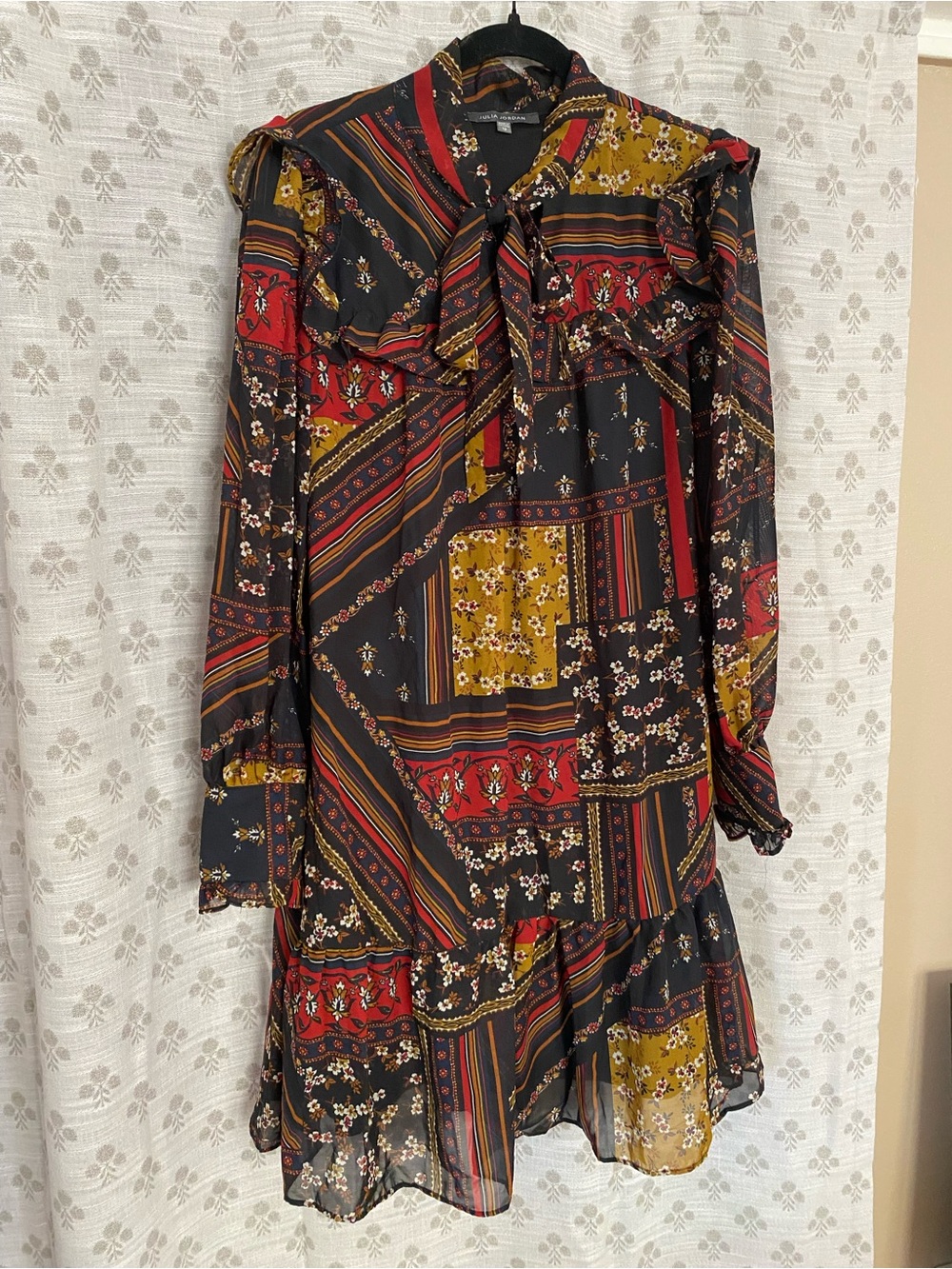 Boho Patchwork Tie-Neck Dress in Black, Red & Mustard